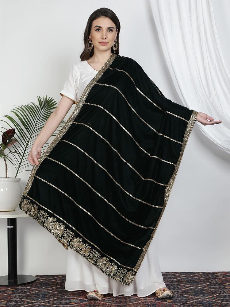 Moda Chales Green & Gold-Toned Ethnic Motifs Embroidered Velvet Dupatta with Sequinned