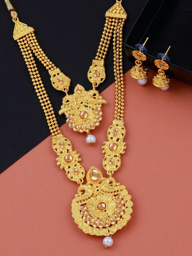 Silver Shine Gold-Plated Stone-Studded & Pearl Beaded Jewellery Set
