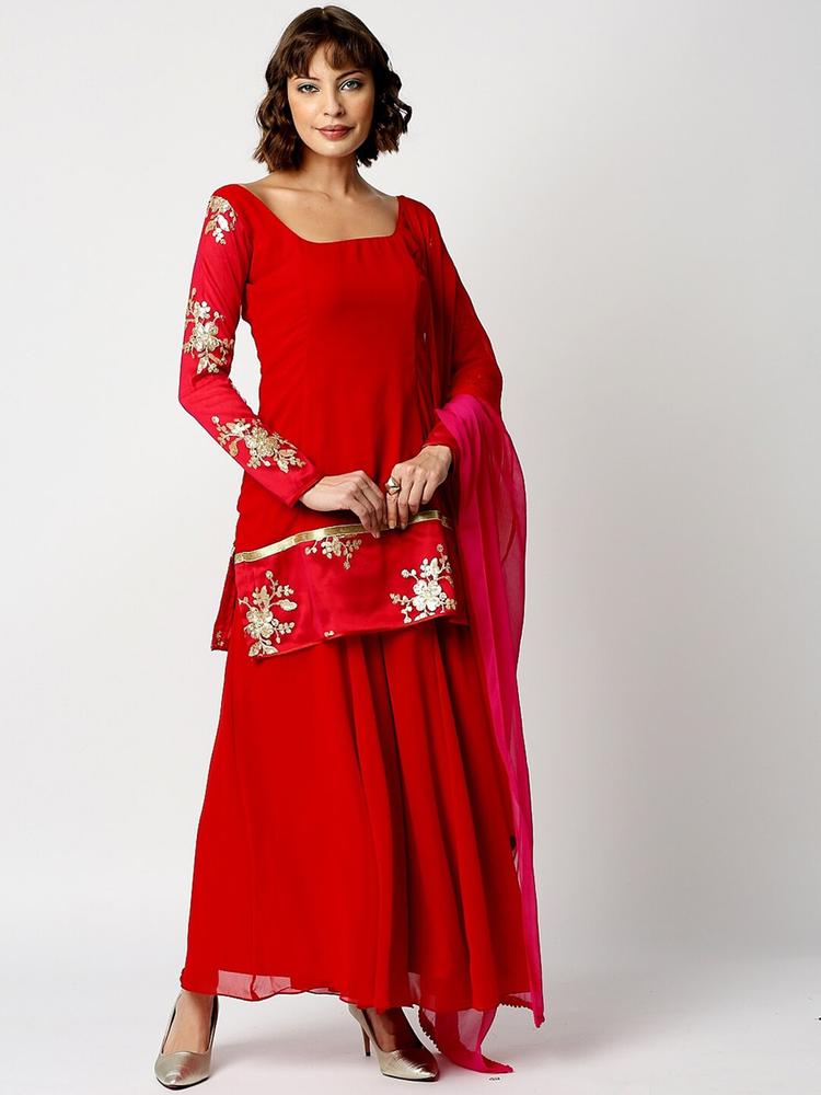 Ira Soleil Women Red Floral Embroidered Kurta with Palazzos & With Dupatta