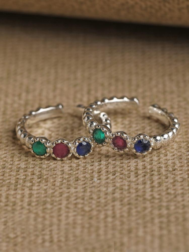 Clara Silver-Toned Red & Blue CZ-Studded Toe Rings