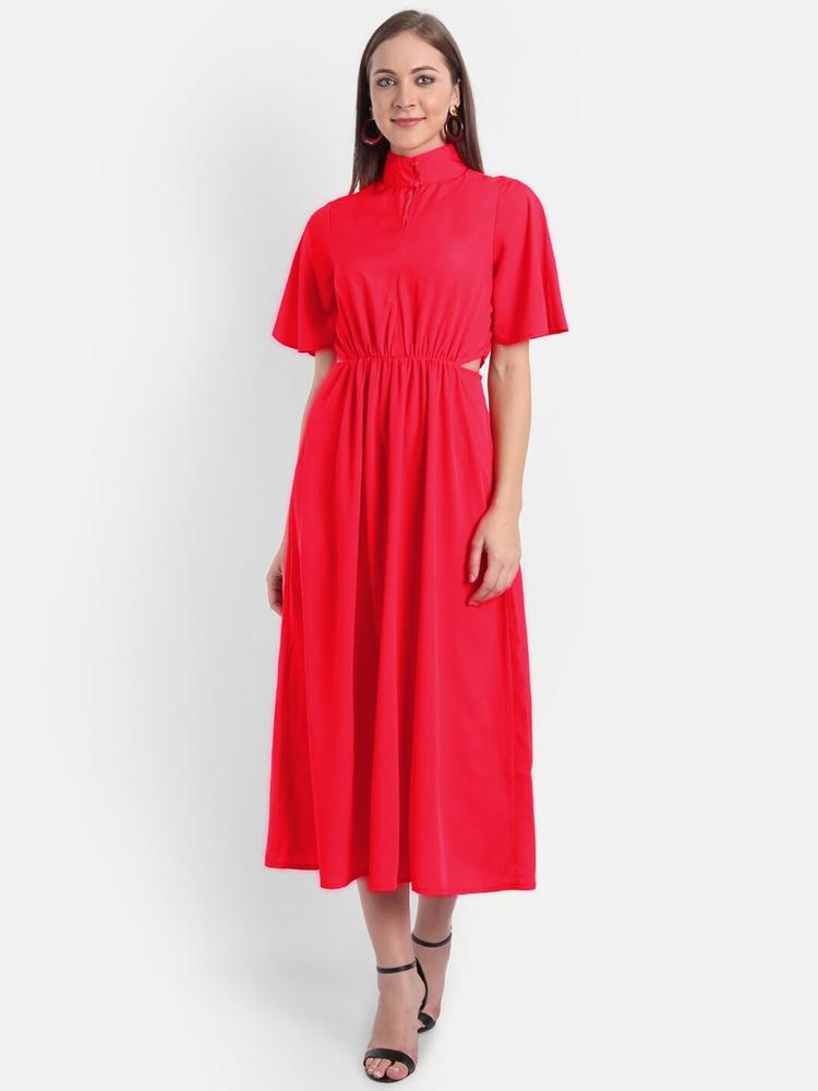 MINGLAY Red Crepe Shirt Midi Dress