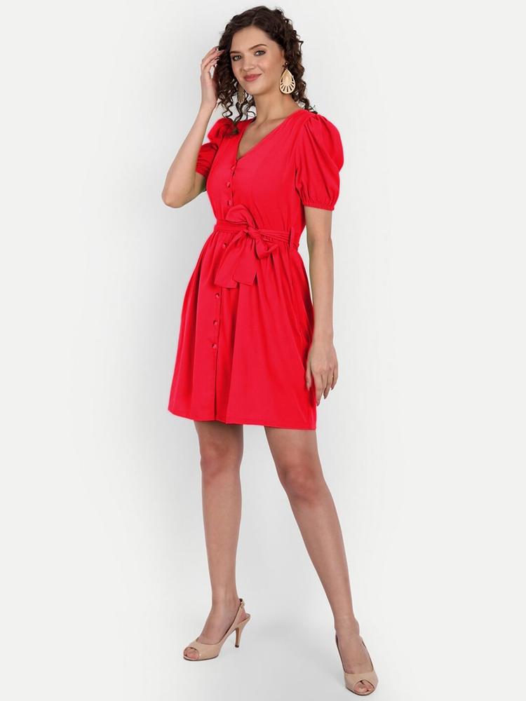 MINGLAY Red Crepe A-Line Dress