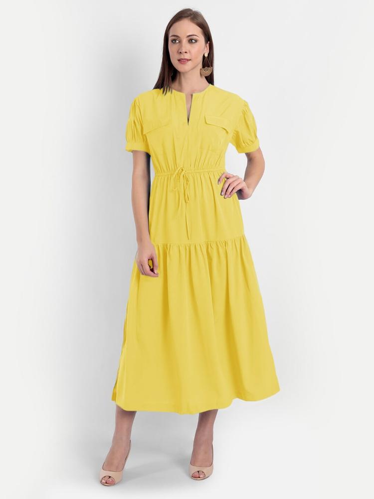 MINGLAY Yellow Crepe A-Line Midi Dress