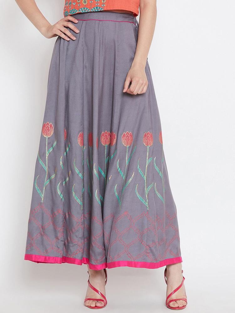Bitterlime Women Grey Printed Maxi-Length Flared Skirt>