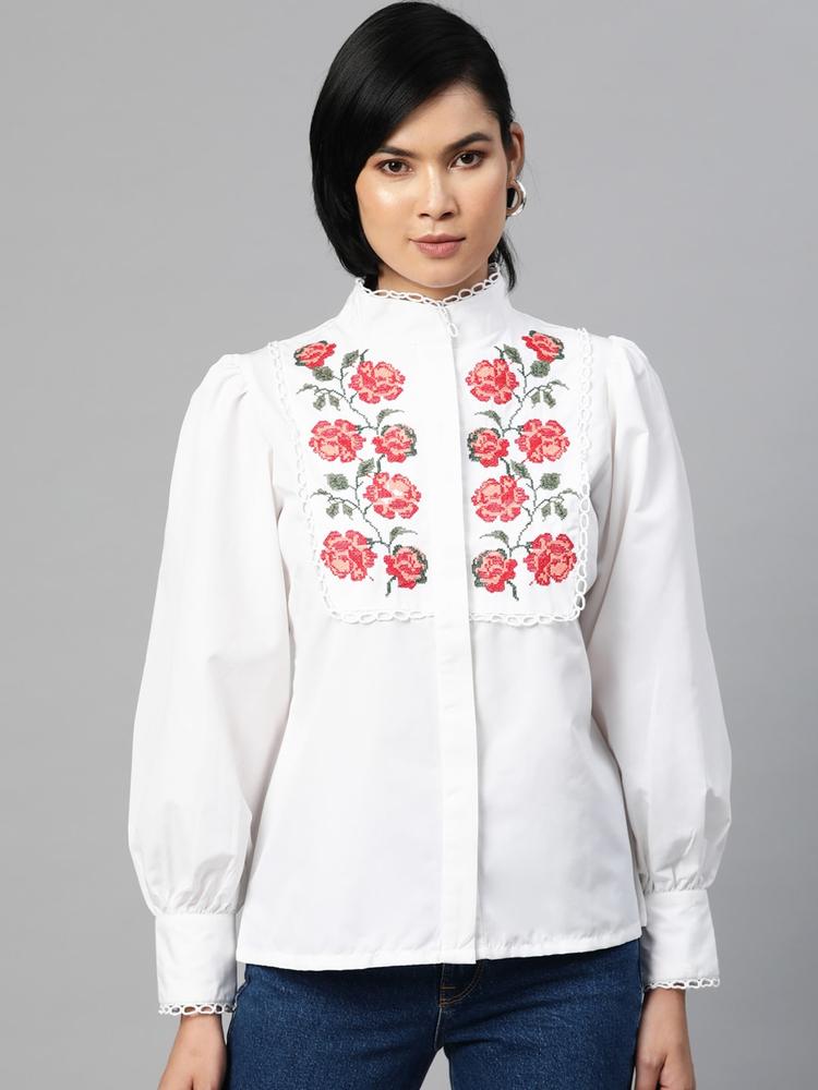 plusS White & Red Floral Embroidered Mandarin Collar Shirt Style Top