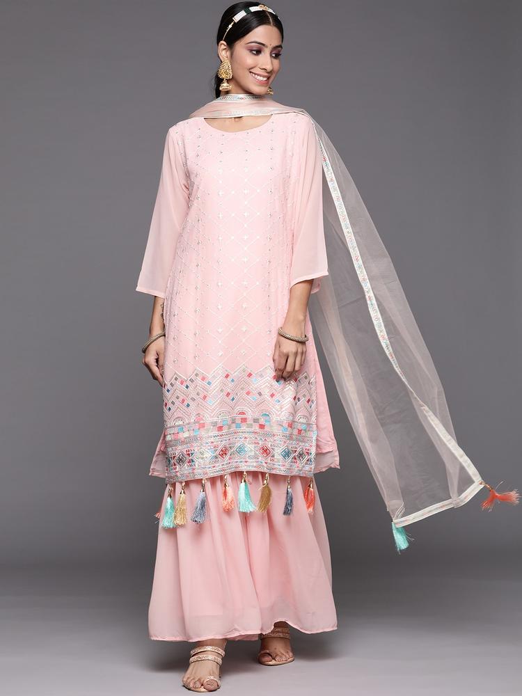 Indo Era Women Pink Embroidered Sequinned Kurta with Sharara & With Dupatta