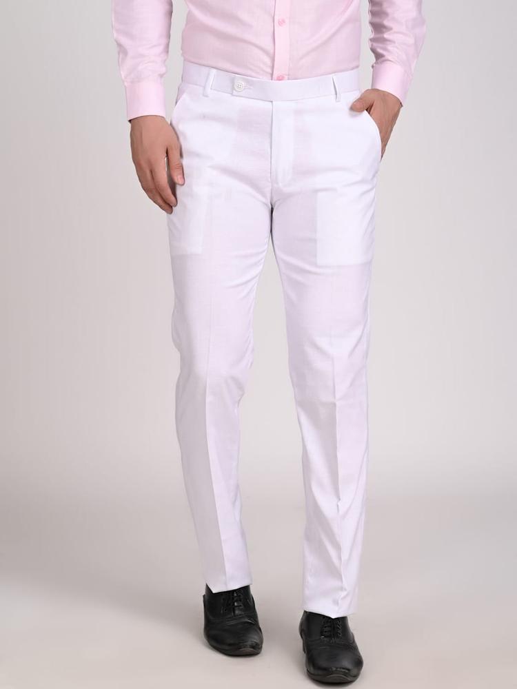 TAHVO Men White Solid Linen Comfort Trousers