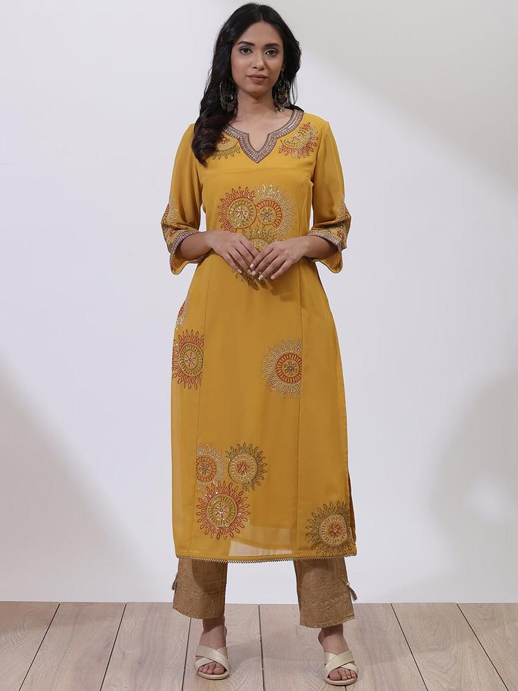 Lakshita Women Mustard Yellow Embroidered Flared Sleeves Anarkali Kurta