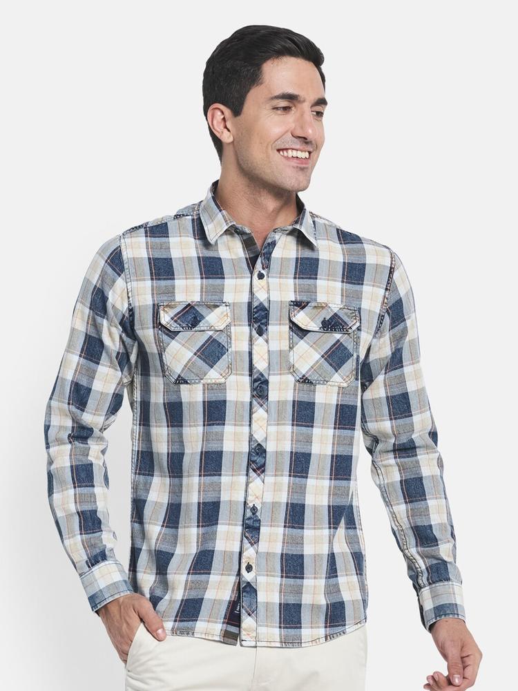 METTLE Men White & Blue Checked Regular Fit Cotton Casual Shirt