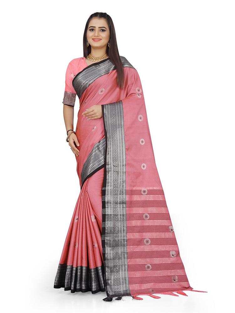 Grubstaker Pink & Black Woven Design Zari Pure Cotton Kanjeevaram Saree
