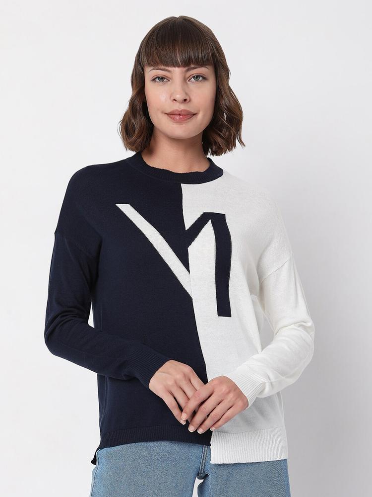 Vero Moda Women White & Black Colourblocked Sweater