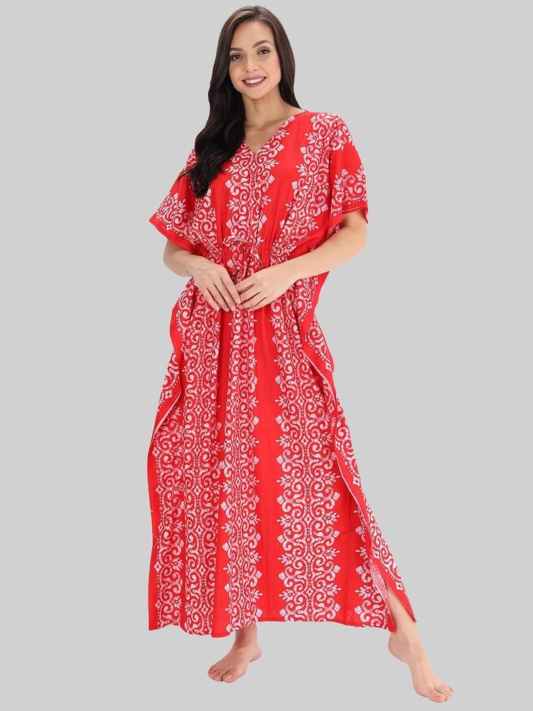 Shararat Red Printed Maxi Pure Cotton Kaftan Nightdress