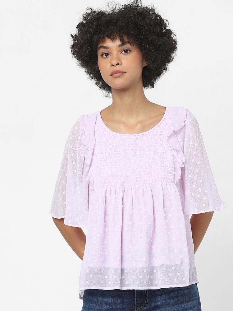 ONLY Purple Round Neck Bell Sleeves Smocked Top