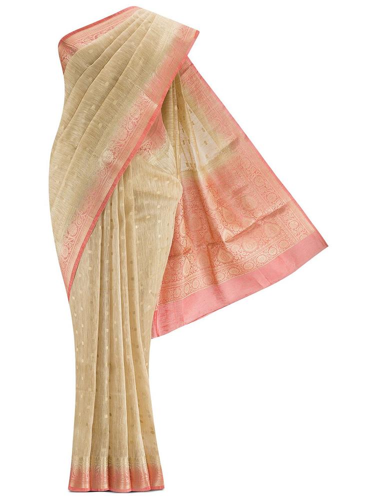 Nalli Next Beige & Rose Gold Woven Design Zari Linen Blend Saree