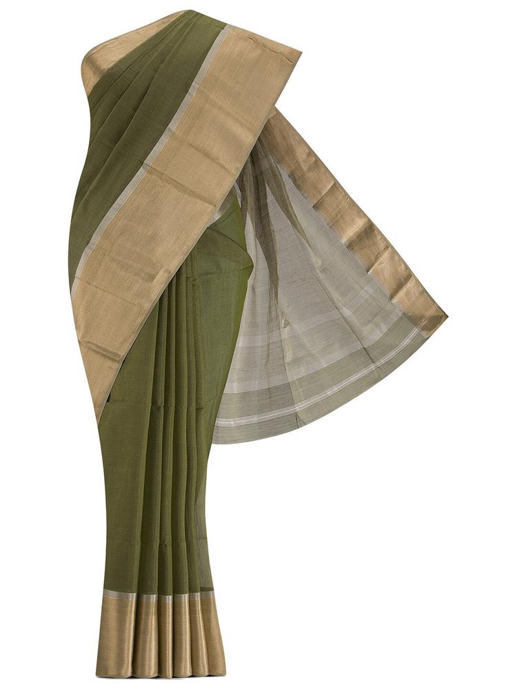 Nalli Next Green & Gold-Toned Striped Zari Silk Cotton Maheshwari Saree