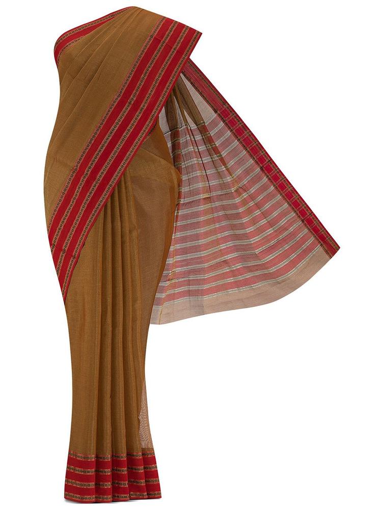 Nalli Next Brown & Red Striped Zari Silk Cotton Saree