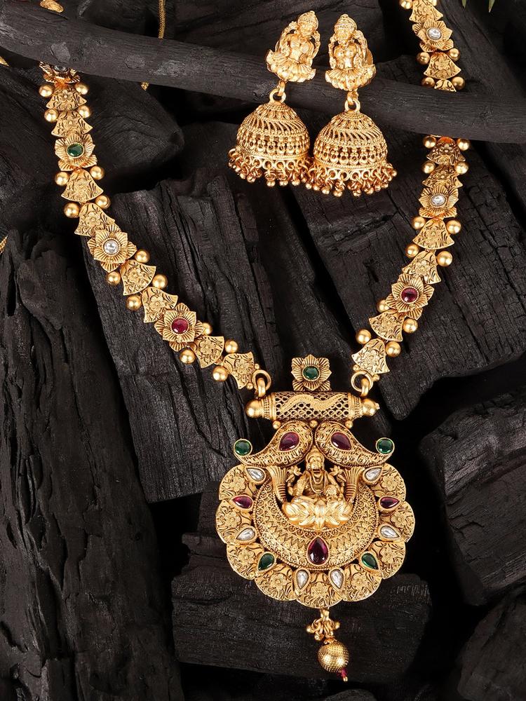 JEWELS GEHNA Gold-Plated Stone Studded Temple Jewellery Set
