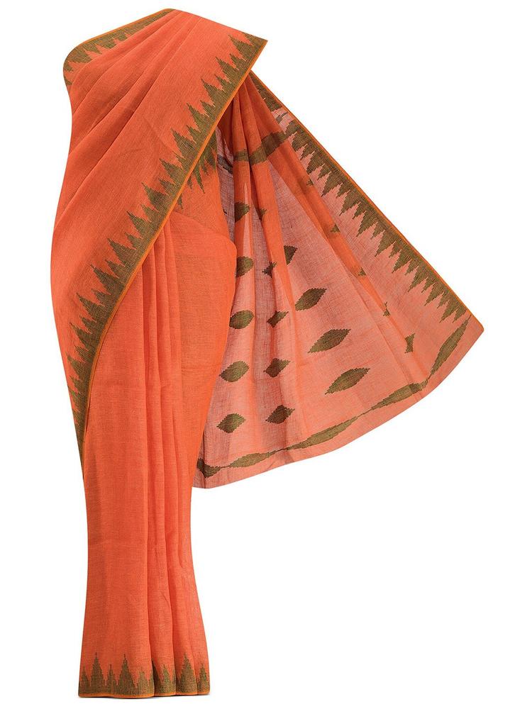 Nalli Next Orange Woven Design Linen Blend Saree