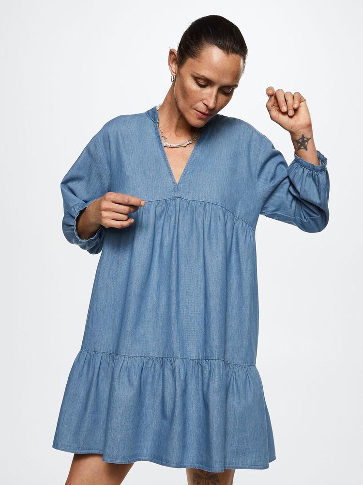 MANGO Blue Cotton A-Line Mini Tiered Dress