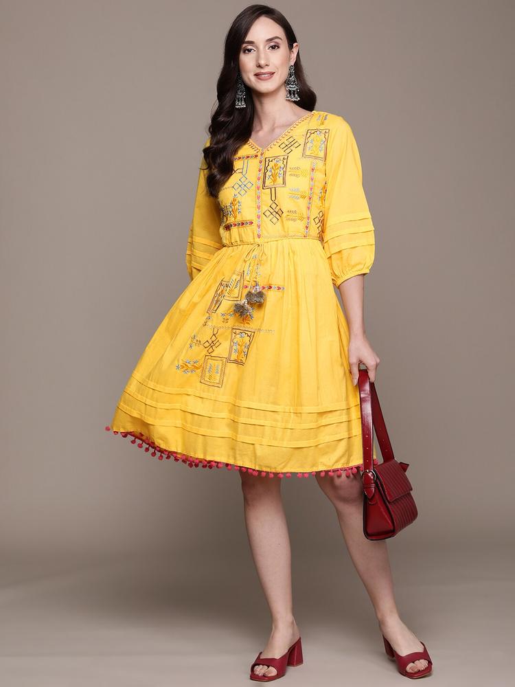 Ishin Yellow Ethnic Motifs Embroidered A-Line Dress