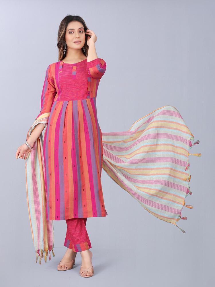 ASPORA Women Pink Striped Pleated Cotton Unstitched Dress Material