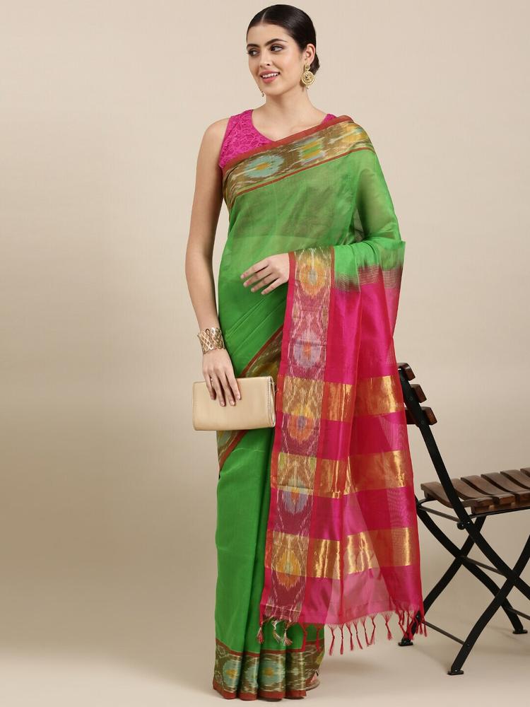 The Chennai Silks Green & Pink Zari Silk Cotton Saree