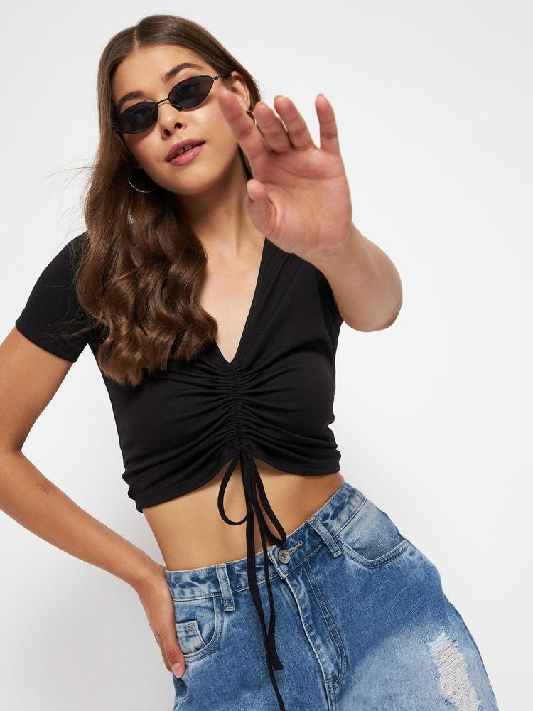 Uptownie Lite Black Stretchable Polyester Front Drawstring Ruched Crop Top