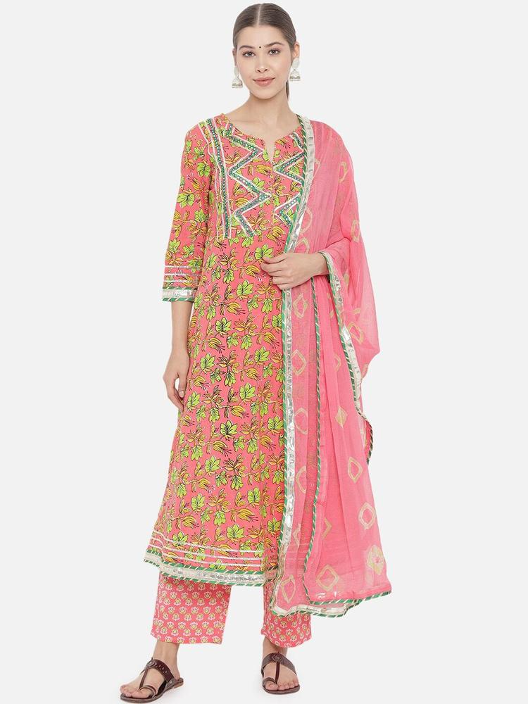 Prakhya Women Pink Floral Printed Pure Cotton Kurta with Trousers & With Dupatta