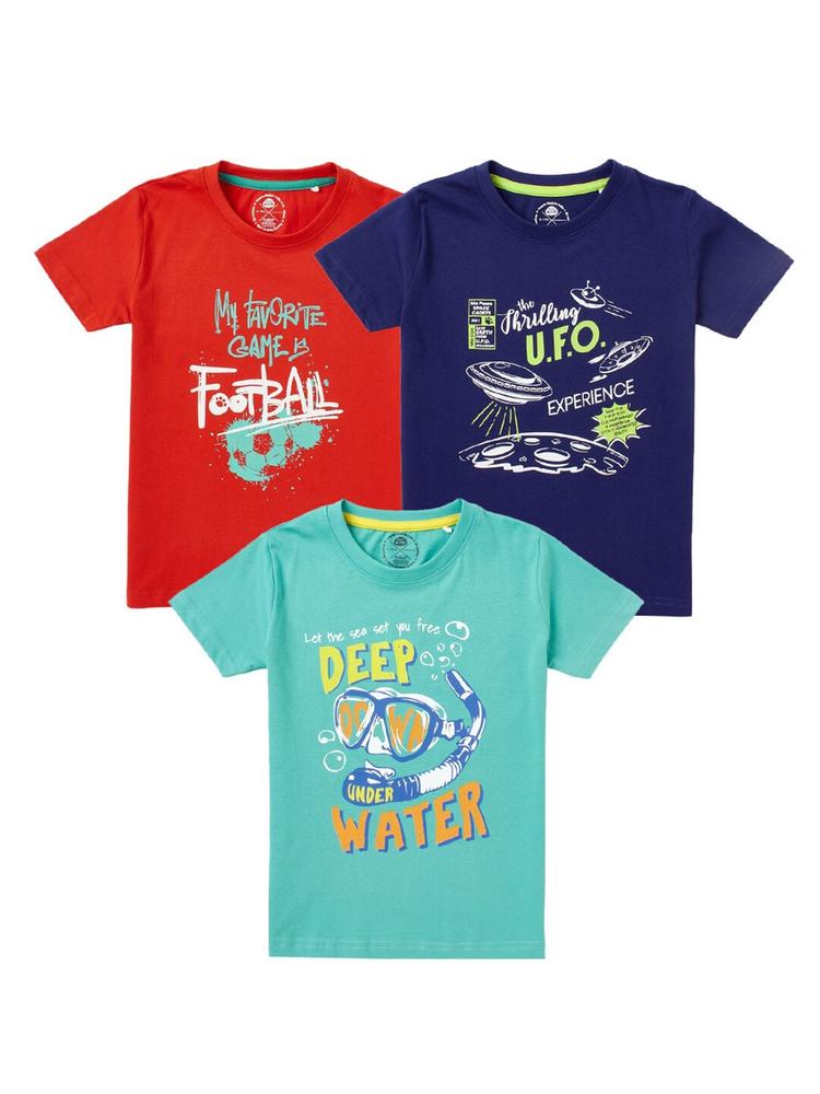 Cub McPaws Boys Red & Navy Blue Typography  Printed T-shirt pack of 3