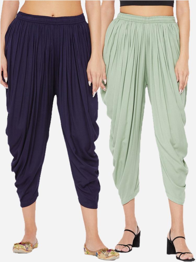 Clora Creation Women Pista Green & Navy Blue Pack of 2 Solid Dhoti Pants