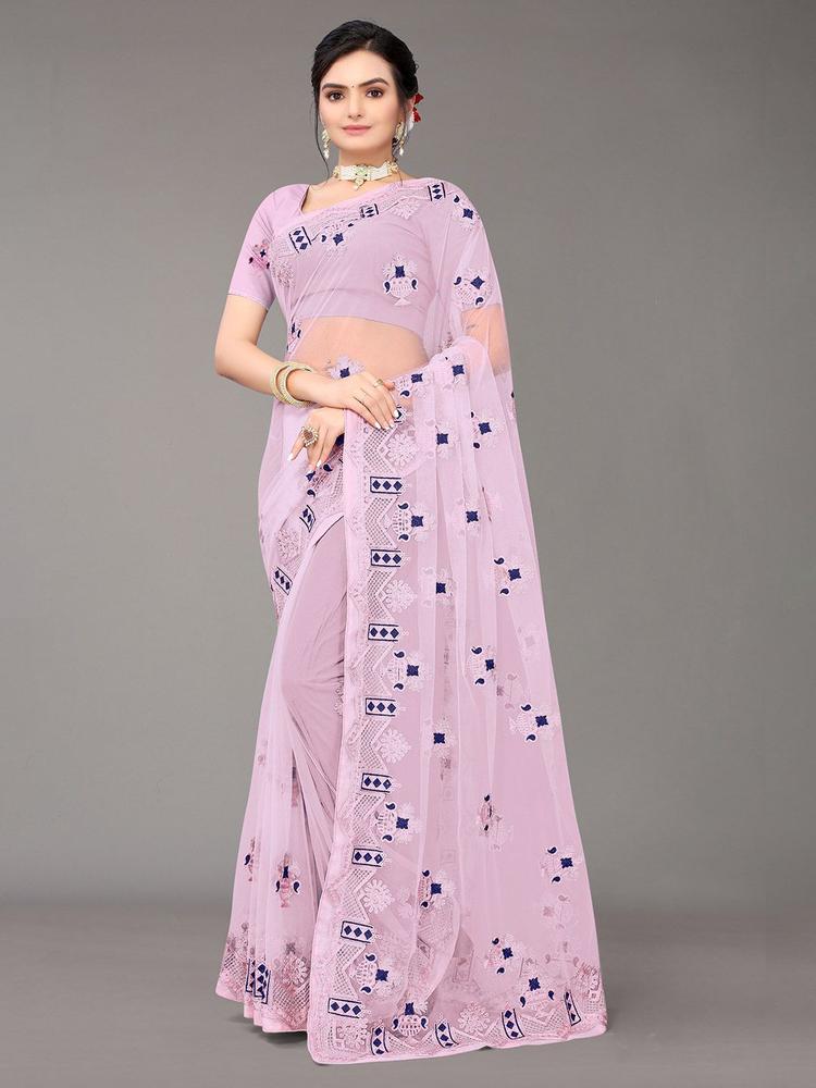 Nimayaa Pink & Blue Ethnic Motifs Embroidered Saree