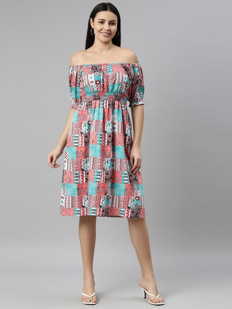 ZHEIA Multicoloured Bohemian Off-Shoulder Dress