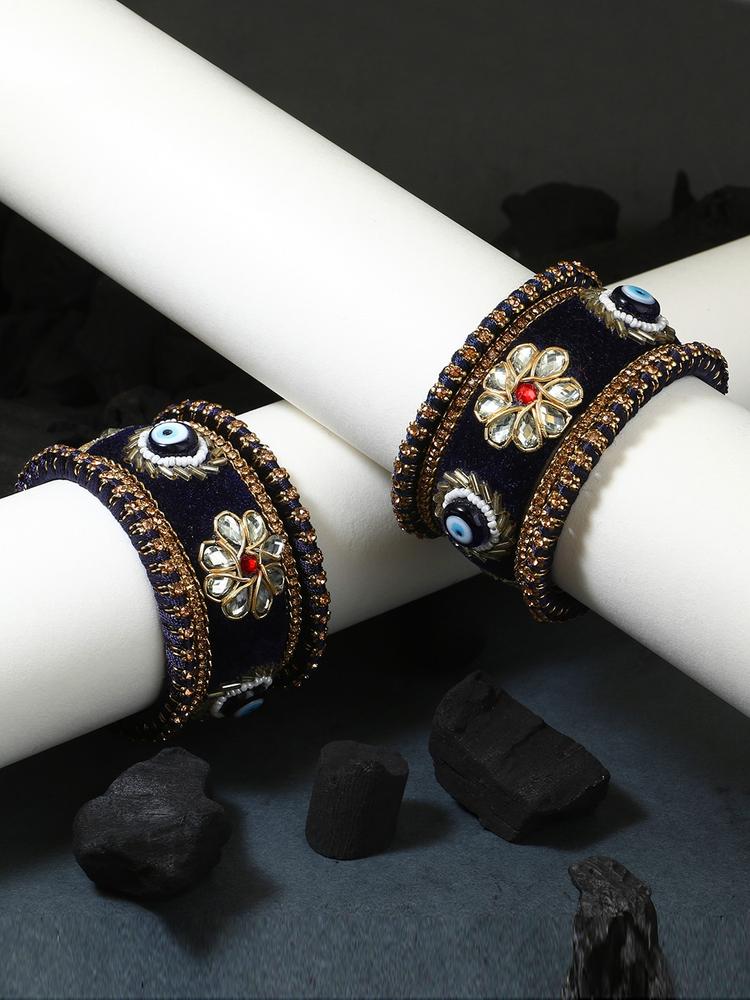 Adwitiya Collection 10 Pieces Navy Blue & Gold-Plated Kundan Silk Thread Chuda Bangle Set