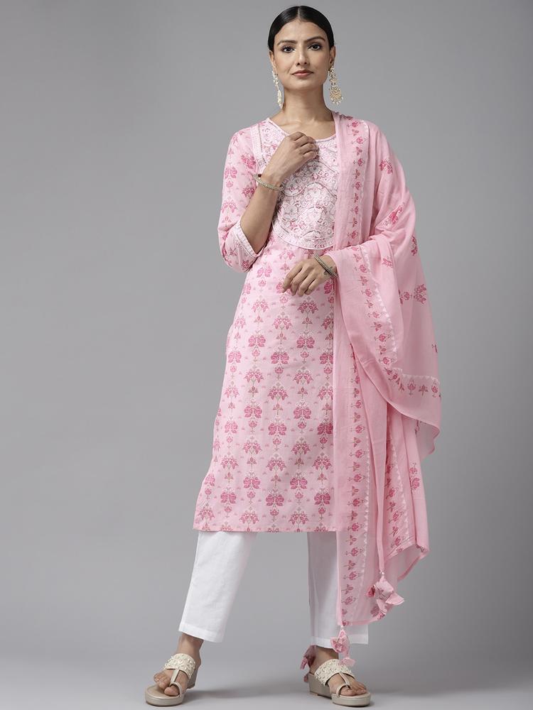 Prakrti Women Pink Floral Printed Sequinned Pure Cotton Kurta with Trousers & With Dupatta