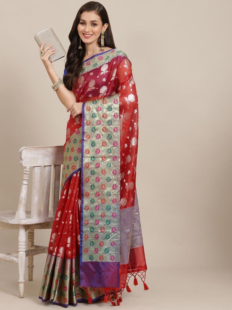 Silk Land Red & Silver-Toned Floral Zari Art Silk Banarasi Saree