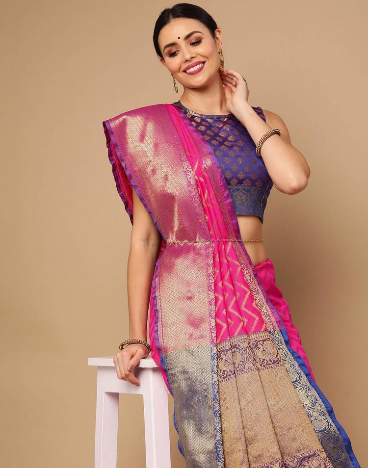 Satrani Pink & Blue Woven Design Zari Banarasi Saree