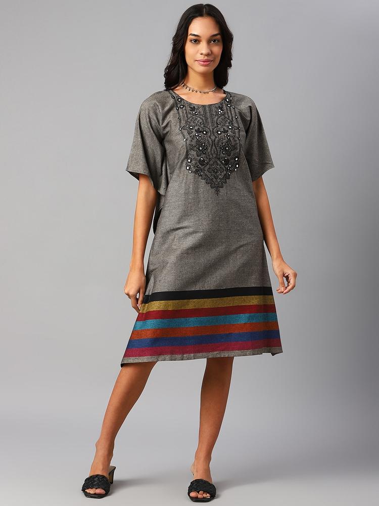 Cottinfab Grey Ethnic Motifs Embroidered Kaftan Dress