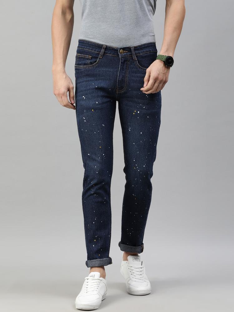Urbano Fashion Men Navy Blue Slim Fit Heavy Fade Printed Stretchable Jeans