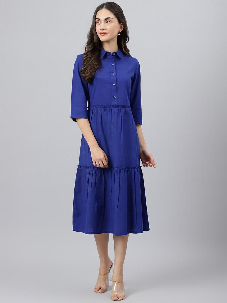 DEEBACO Women Blue Shirt Midi Dress
