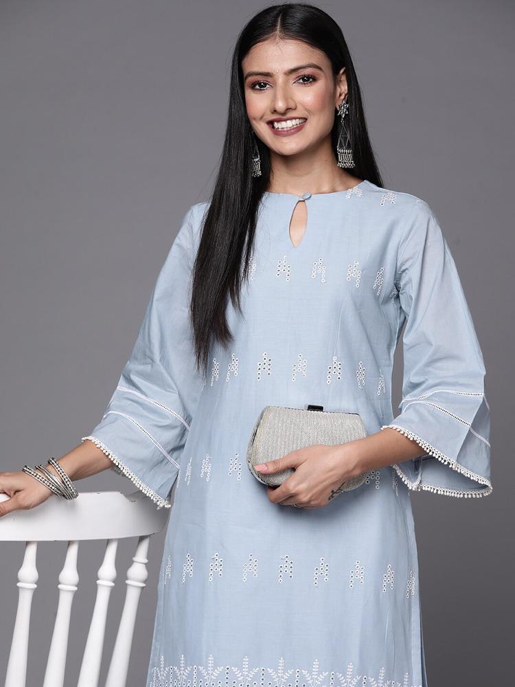 Inddus Women Blue Ethnic Motifs Embroidered Thread Work Kurta with Trousers