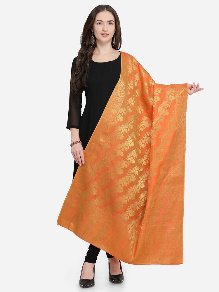 mf Orange & Gold-Toned Woven Design Art Silk Dupatta with Zari