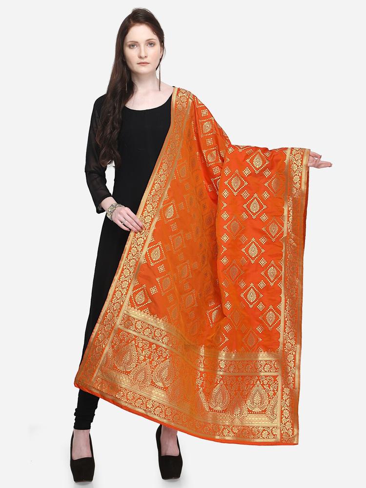 mf Orange & Gold-Toned Woven Design Art Silk Dupatta With Zari