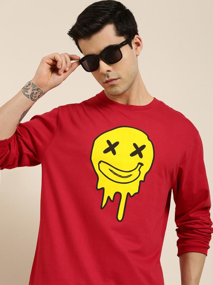 Difference of Opinion Men Red & Yellow Printed Pure Cotton Loose Longline T-shirt