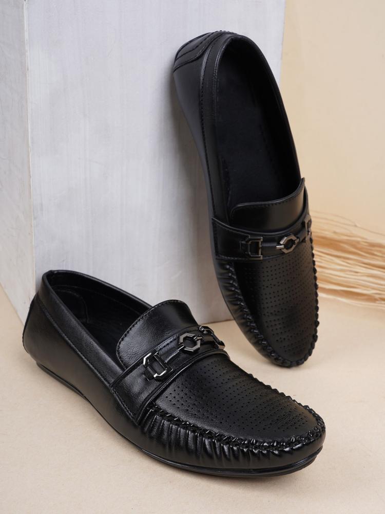 Style Shoes Men Black Textured PU Loafers