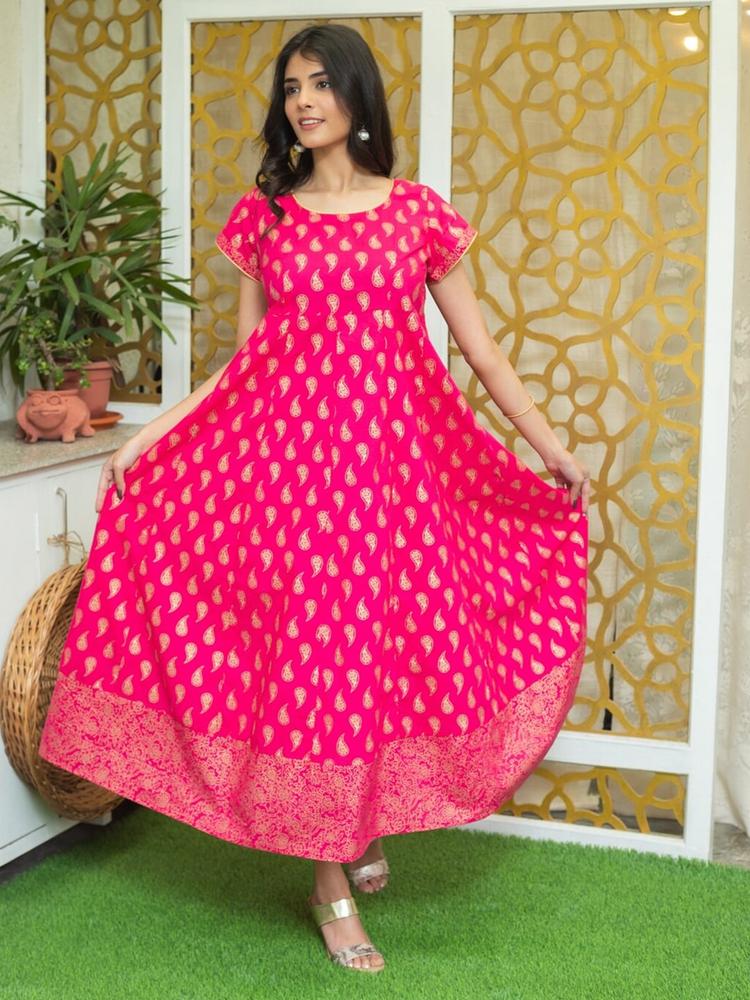Svarchi Womens  Pink Cotton Paisley Print Anarkali Dress