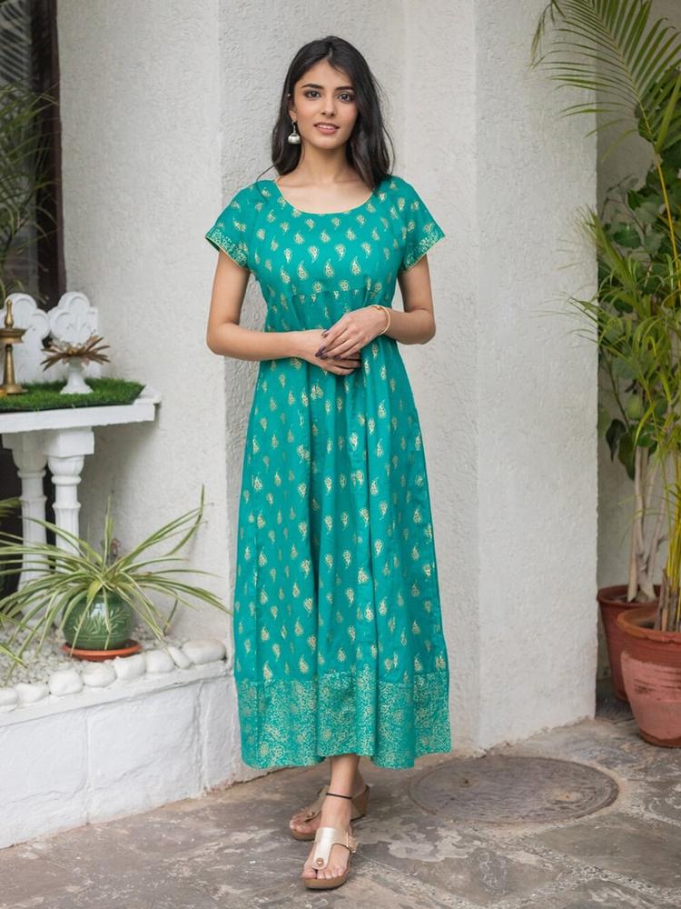 SVARCHI Womens  Green Cotton Paisley Print Anarkali Dress (Green)