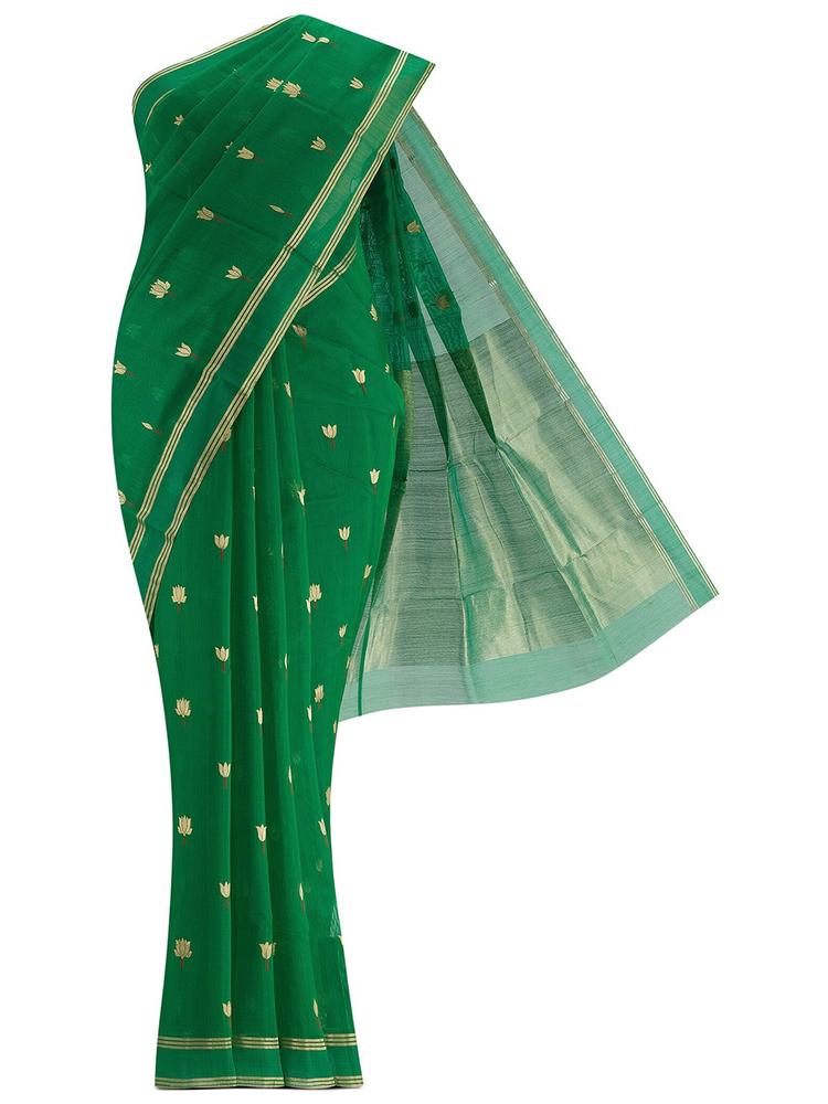 Nalli Next Green & Gold-Toned Woven Design Zari Silk Cotton Chanderi Saree