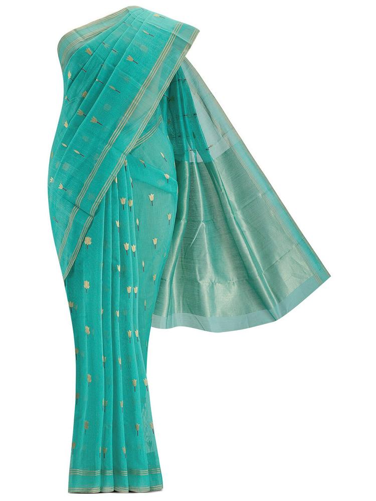 Nalli Next Teal & Gold-Toned Woven Design Zari Silk Cotton Chanderi Saree