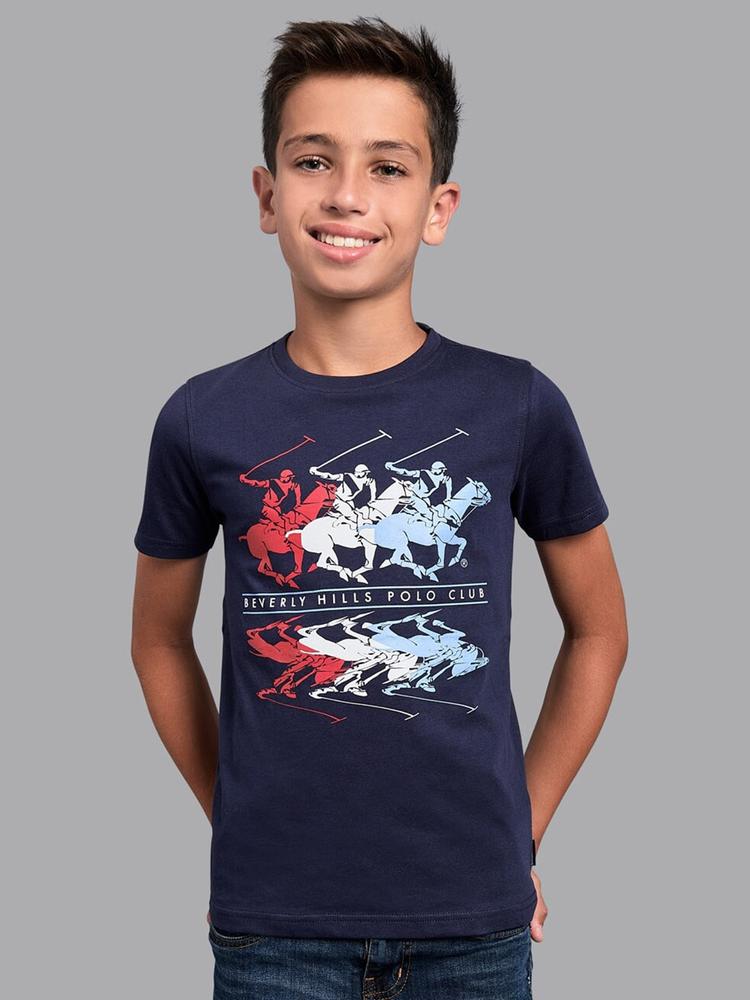 Beverly Hills Polo Club Boys Navy Blue Printed Raw Edge T-shirt