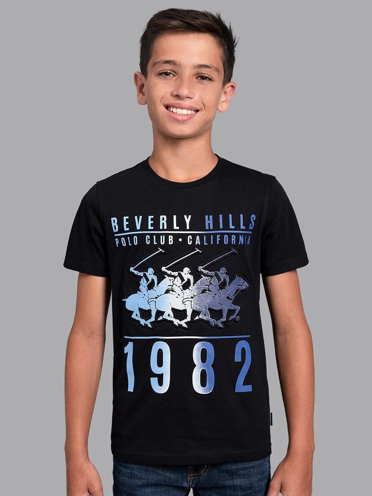 Beverly Hills Polo Club Boys Black Sports Printed Applique T-shirt